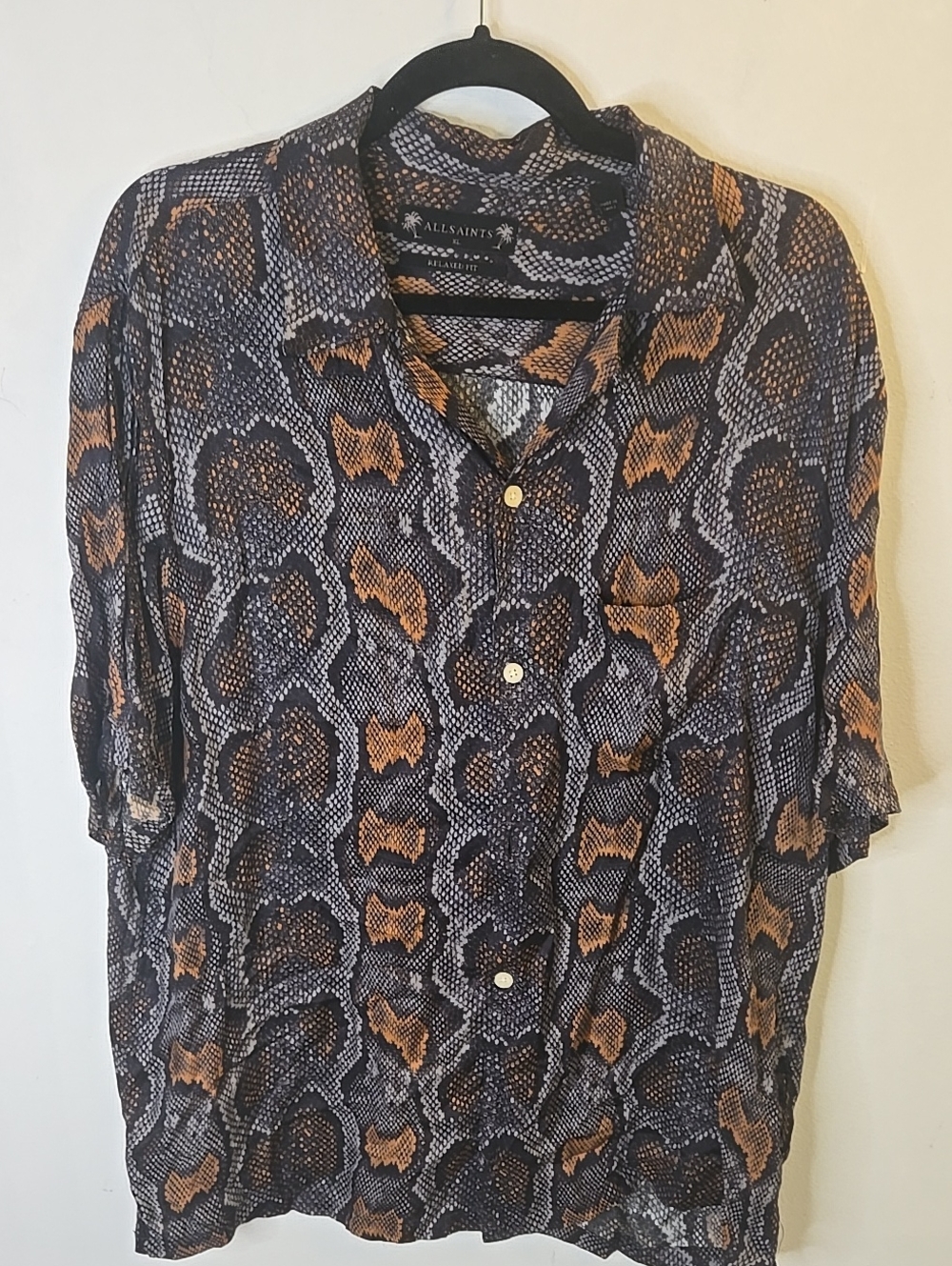 All Saints Men's Snake-Print Button-Up Shirt in Black & Brown